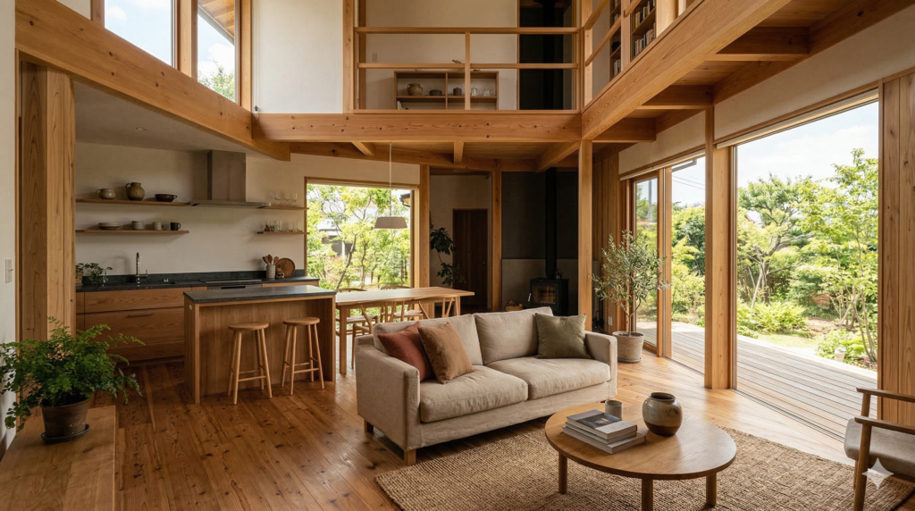 住友林業の標準仕様で建てたモダンな木造住宅のリビング・キッチン