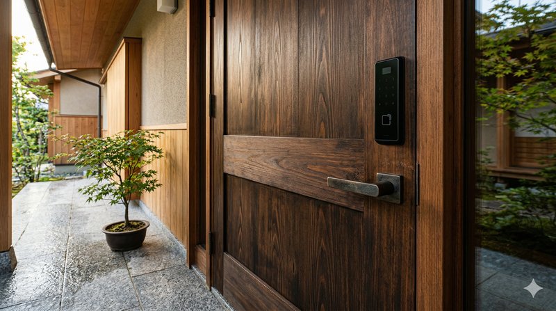木目調の玄関ドアとスマートロック