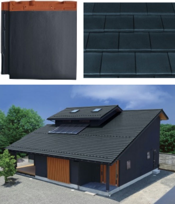 黒系屋根材クールブラックの色見本と施工イメージ