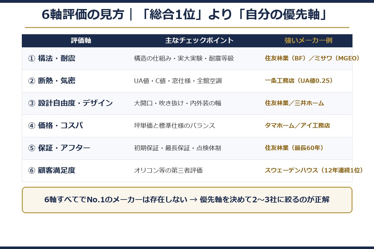 6軸評価の見方｜評価軸ごとのチェックポイントと強いメーカー