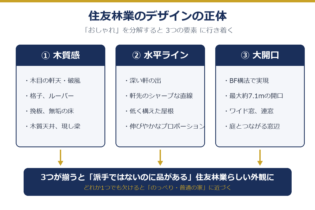 住友林業のデザインを構成する3要素(木質感・水平ライン・大開口)の分解図